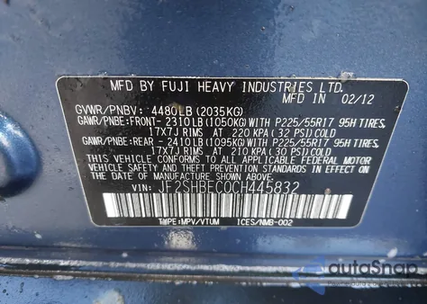 2012 Subaru Forester 2.5X Limited from USA, damaged, VIN JF2SHBEC0CH445832